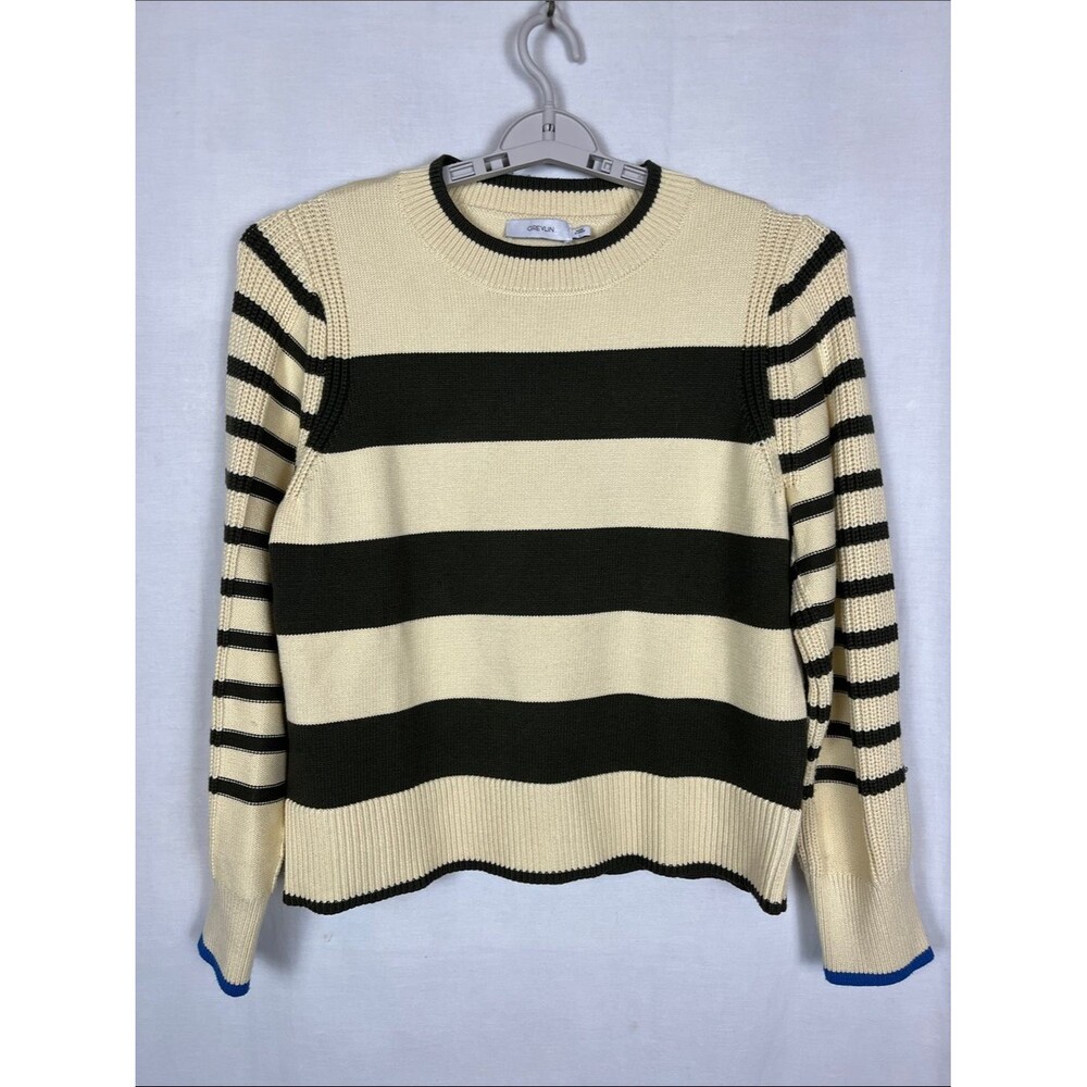 Greylin Striped Tan and Army Green Chunky Knit Sweater